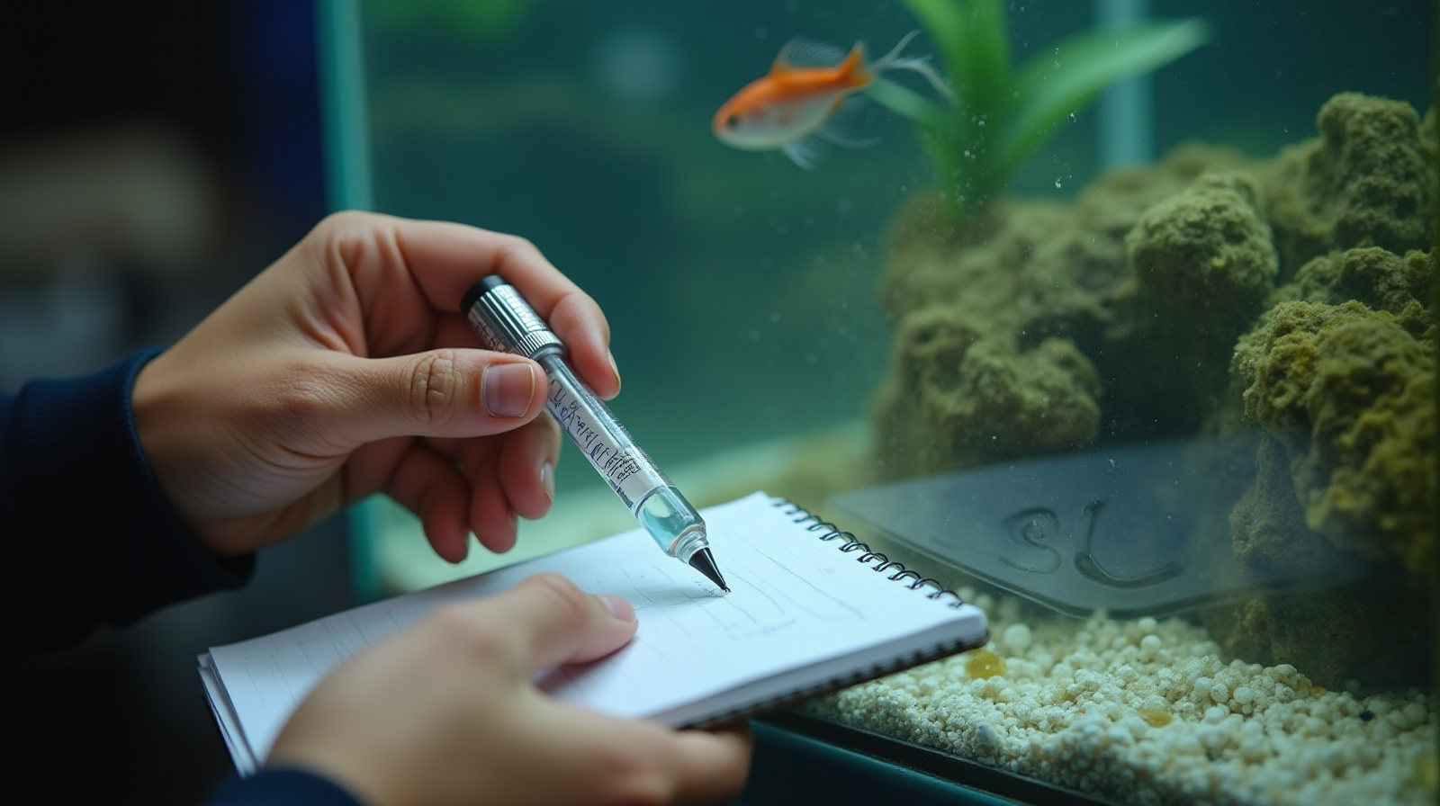 A pair of hands carefully using a test kit to sample water from the bottom corner of an aquarium while another hand holds a notepad for recording results.