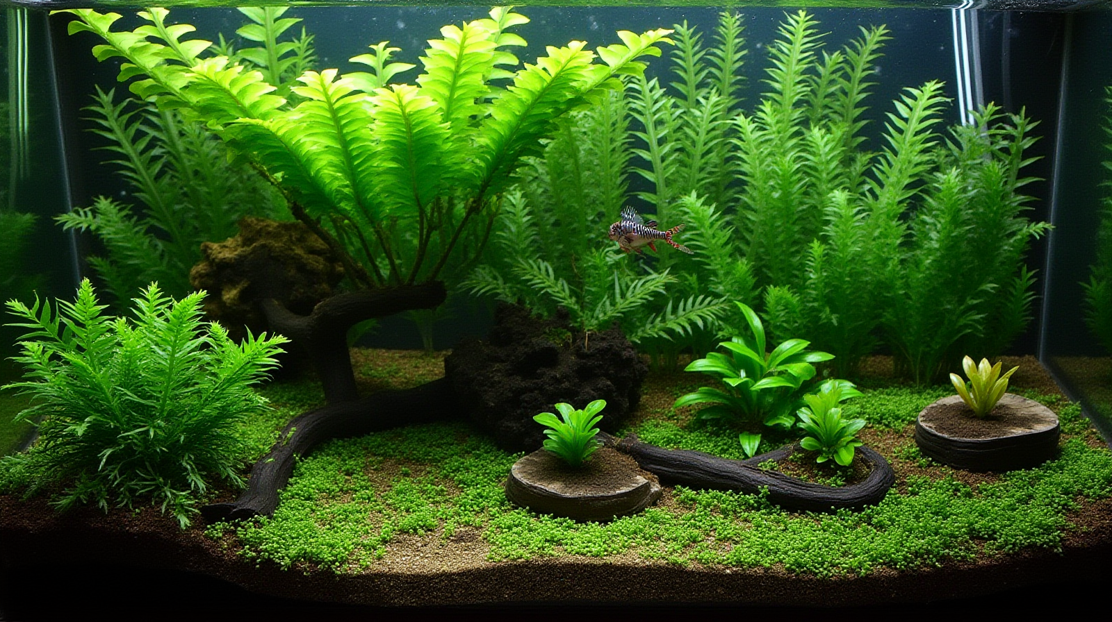 An overhead shot showing several different types of freshwater plants—like Anubias and Java Fern—planted in various ways within a section of the tank substrate.