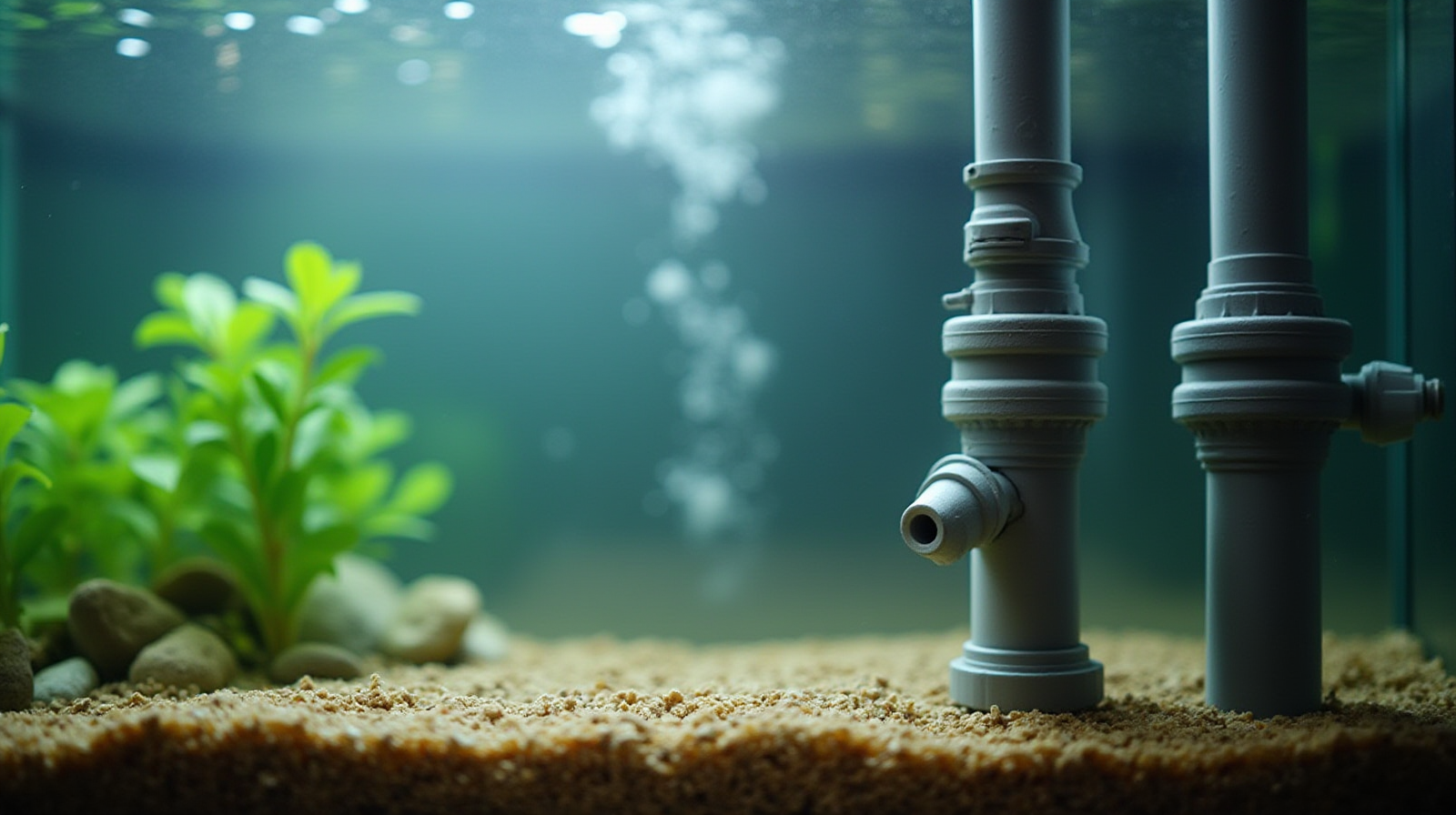 A close-up view across the front glass of an aquarium showcasing stable filtration equipment like visible bio-media or filter outflow tubes connected neatly to plumbing.