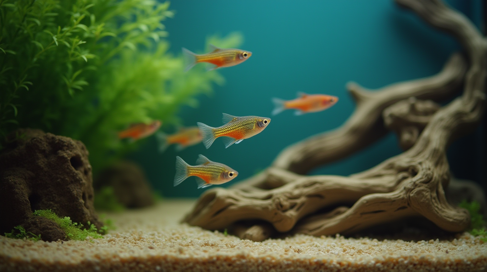 A medium shot of a clean, established freshwater aquarium showing several small, colorful tetras swimming naturally near some stable driftwood decorations.
