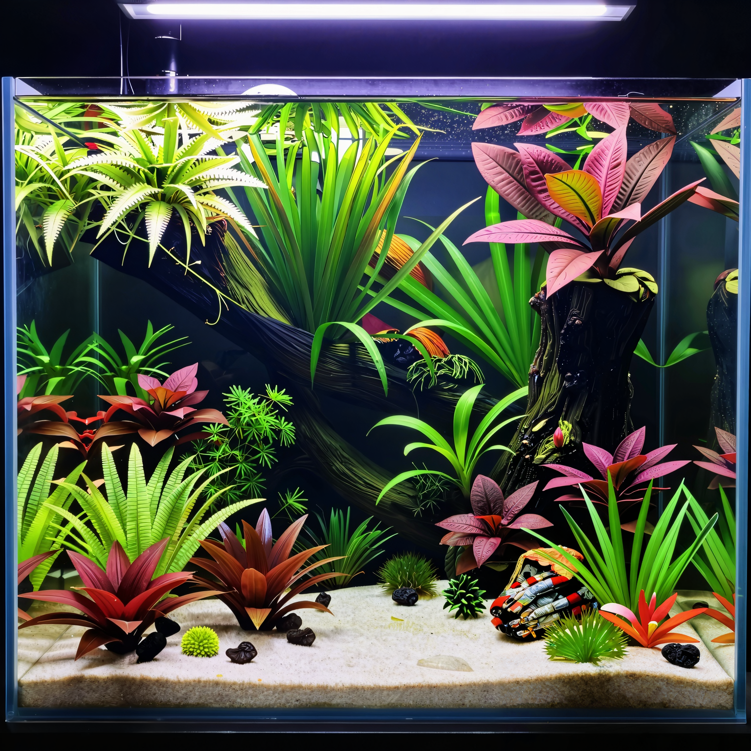 A richly planted, mature freshwater aquarium featuring defined central pathways and varied plant textures that show depth from foreground to background.