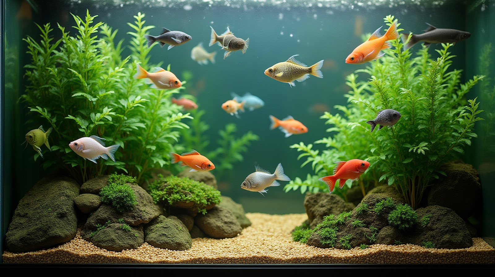 A wide establishing shot showing a mixed-species community tank with healthy background plants and various types of fish swimming naturally.