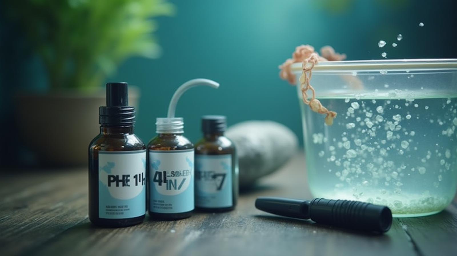 Close up on aquarium test kits (like pH or salinity testers) resting next to a bucket filled with dechlorinated water, showing the equipment in use.
