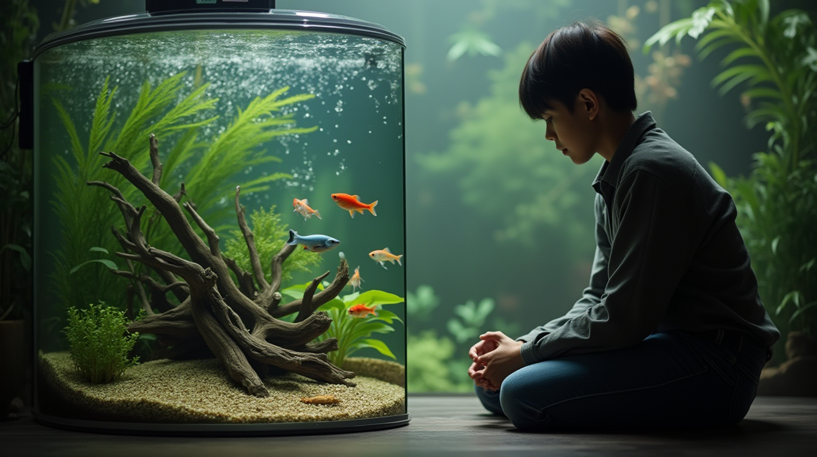 A person kneeling beside an aquascape tank, gently observing several small fish swimming near submerged driftwood decorations.