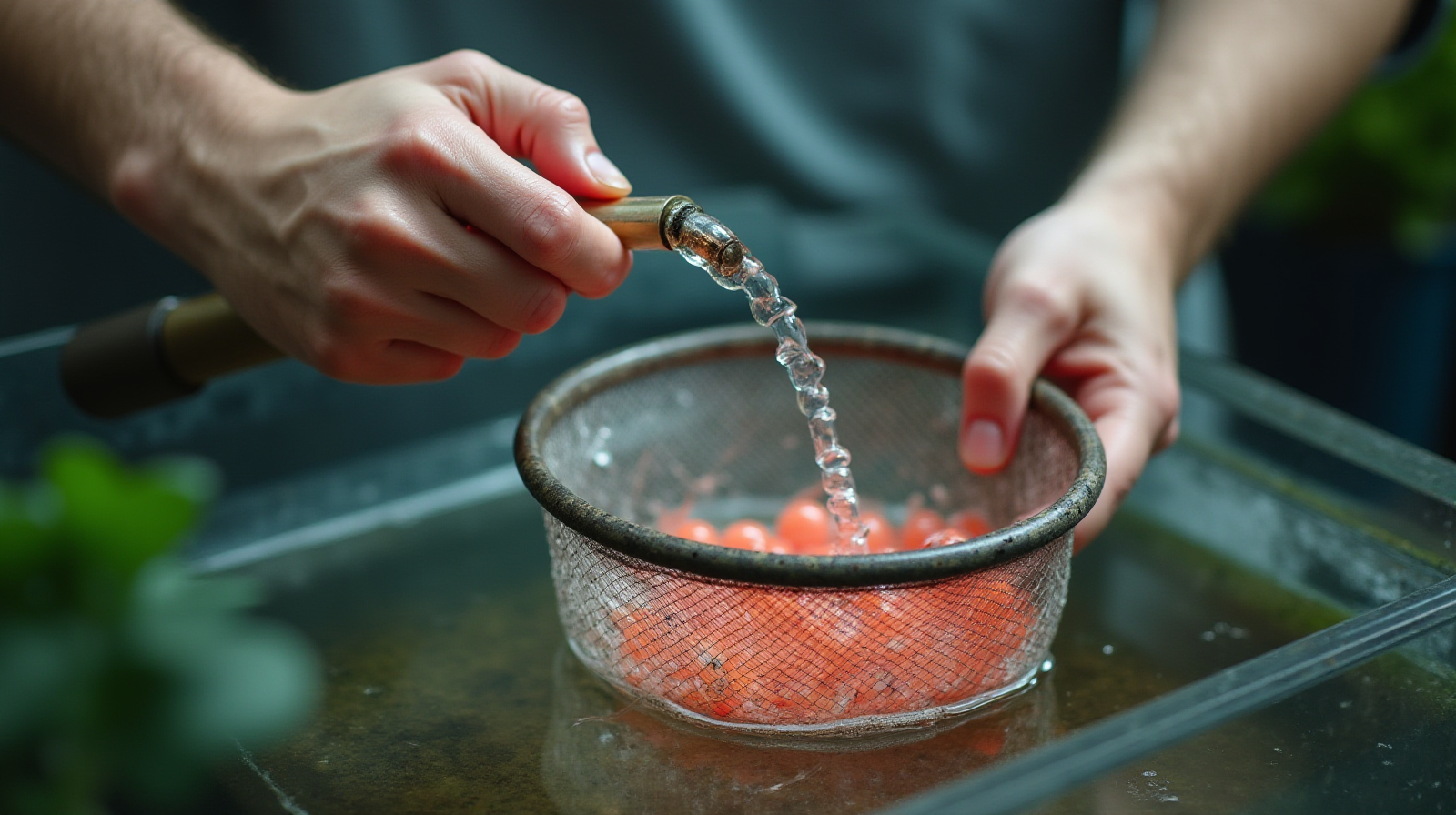 A pair of hands using a clean, dedicated aquarium siphon tube to gently refill water into a small net containing several bright pink freshwater shrimp.