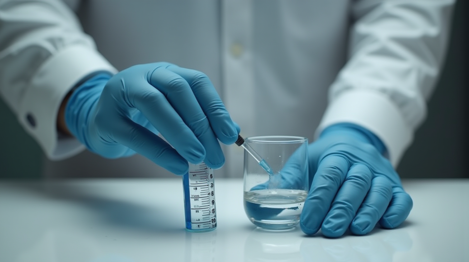 A pair of hands carefully using a test kit to measure water parameters in a small glass sample cup.
