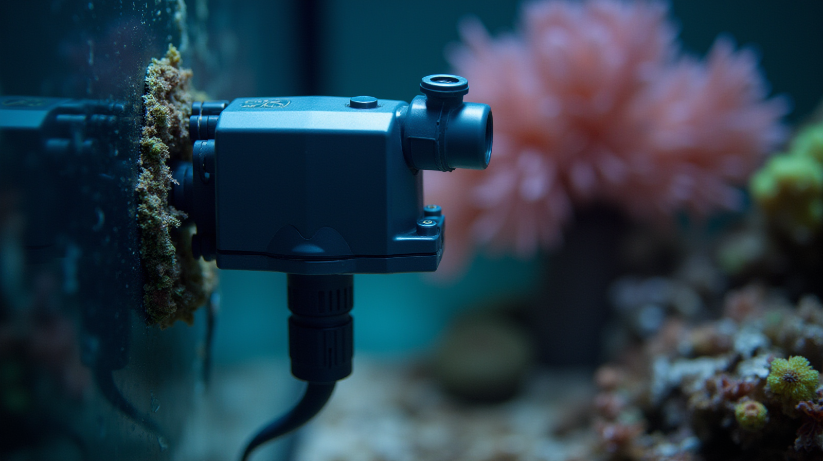 A close-up shot focusing on a dosing pump connected via tubing into the corner filtration unit of a reef tank setup.