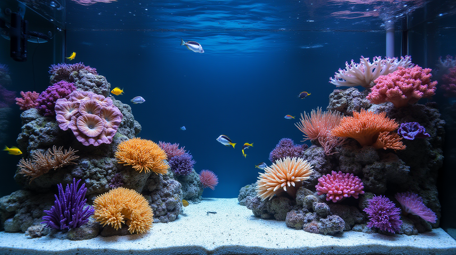 A wide establishing shot of a vibrant home reef aquarium showing diverse corals, healthy LPS polyps, and several brightly colored damselfish swimming near the rockwork.