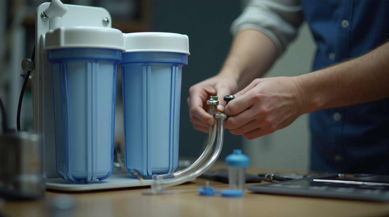 Close-up of hands carefully adjusting tubing connections on an RO/DI filtration unit near a workbench.