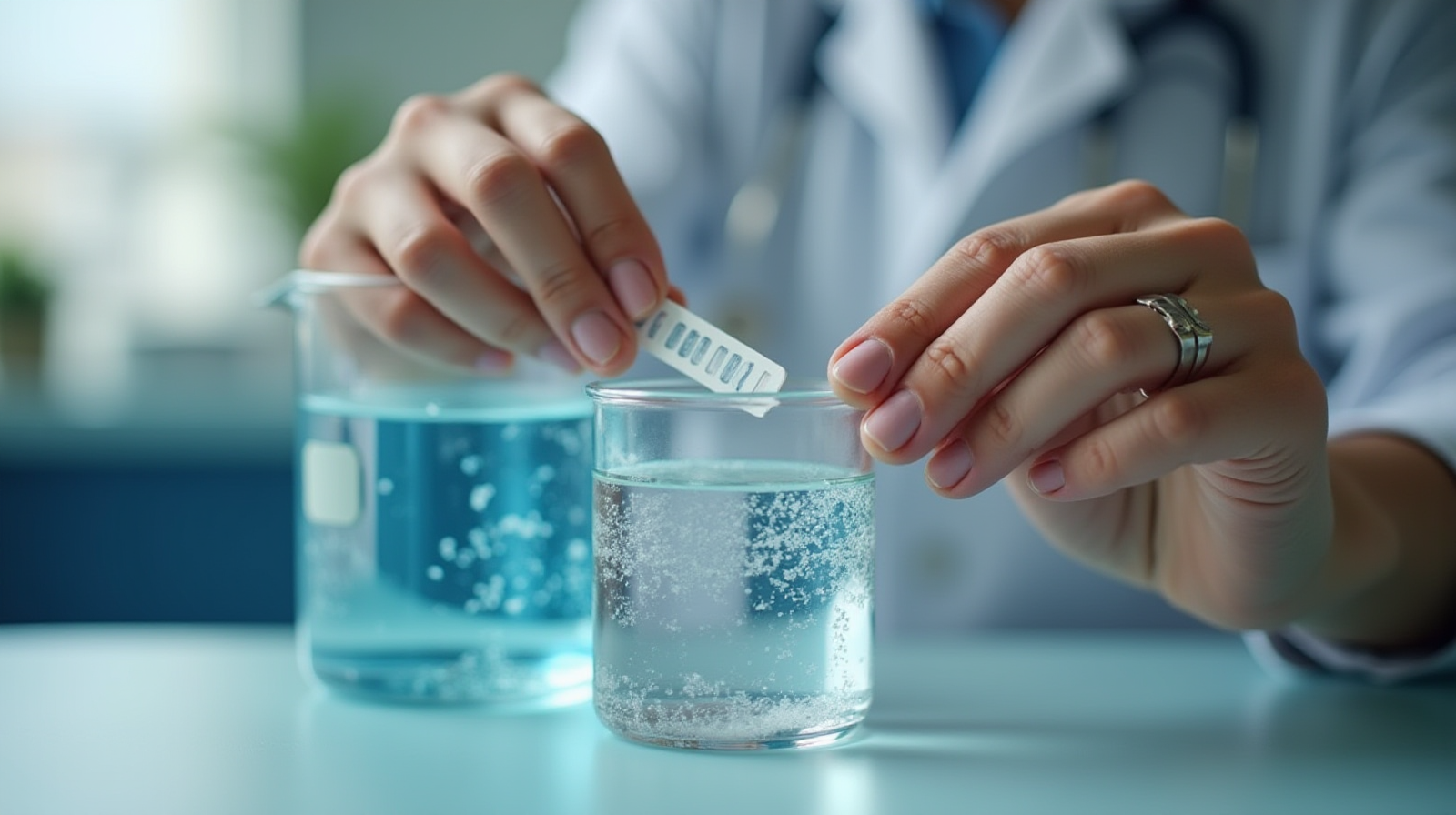 A pair of fingers using aquarium test strips to sample water in a small glass beaker filled with clear saltwater.