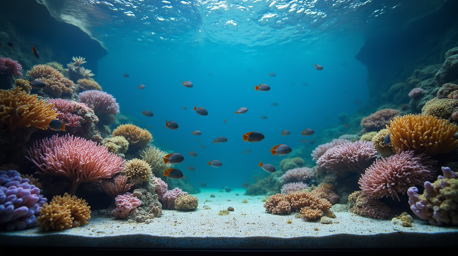 A wide establishing shot showing a healthy, established reef tank with diverse coral types and several small tang fish swimming naturally in the foreground.