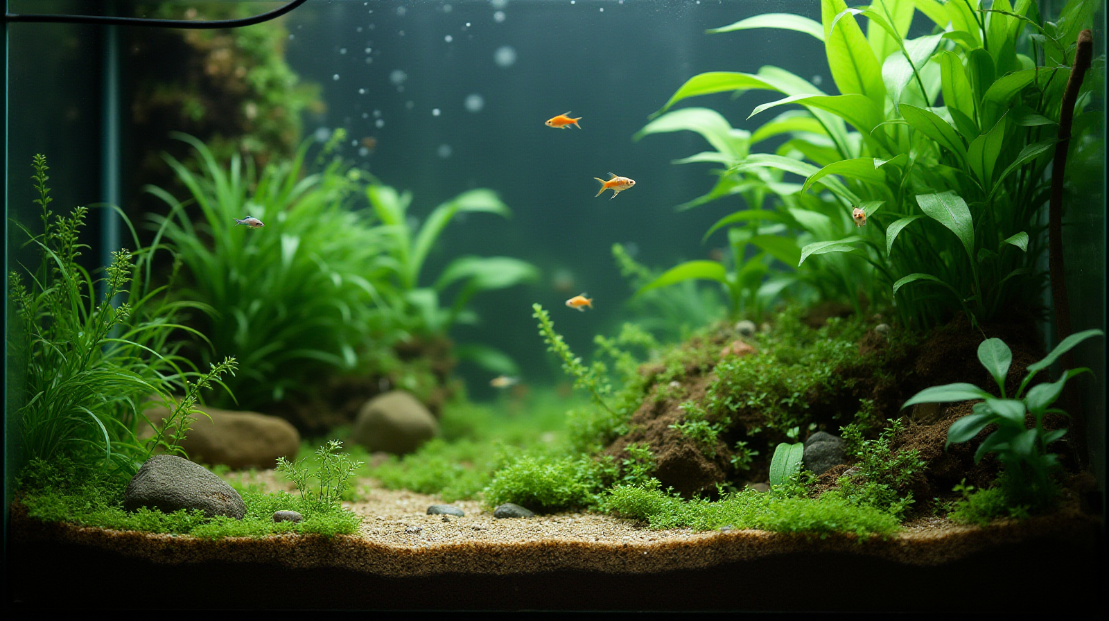 A mid-sized, well-planted freshwater aquarium with a few common community fish like tetras swimming naturally among foreground plants.