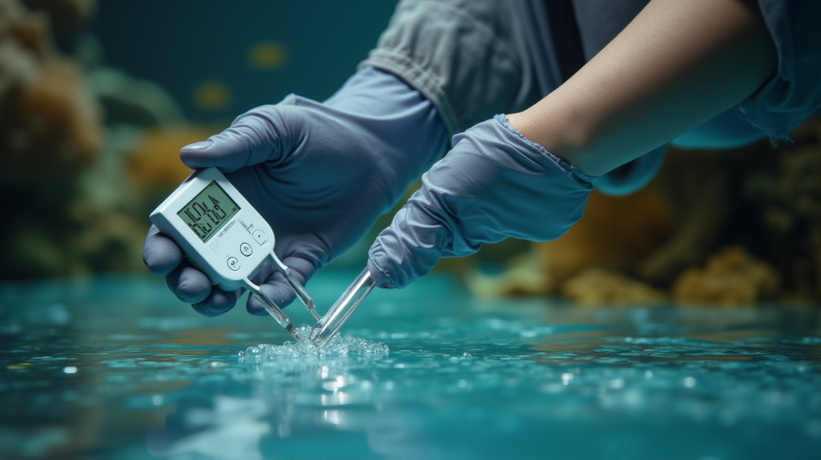 A pair of hands using a refractometer to test salinity levels on the surface of aquarium water.