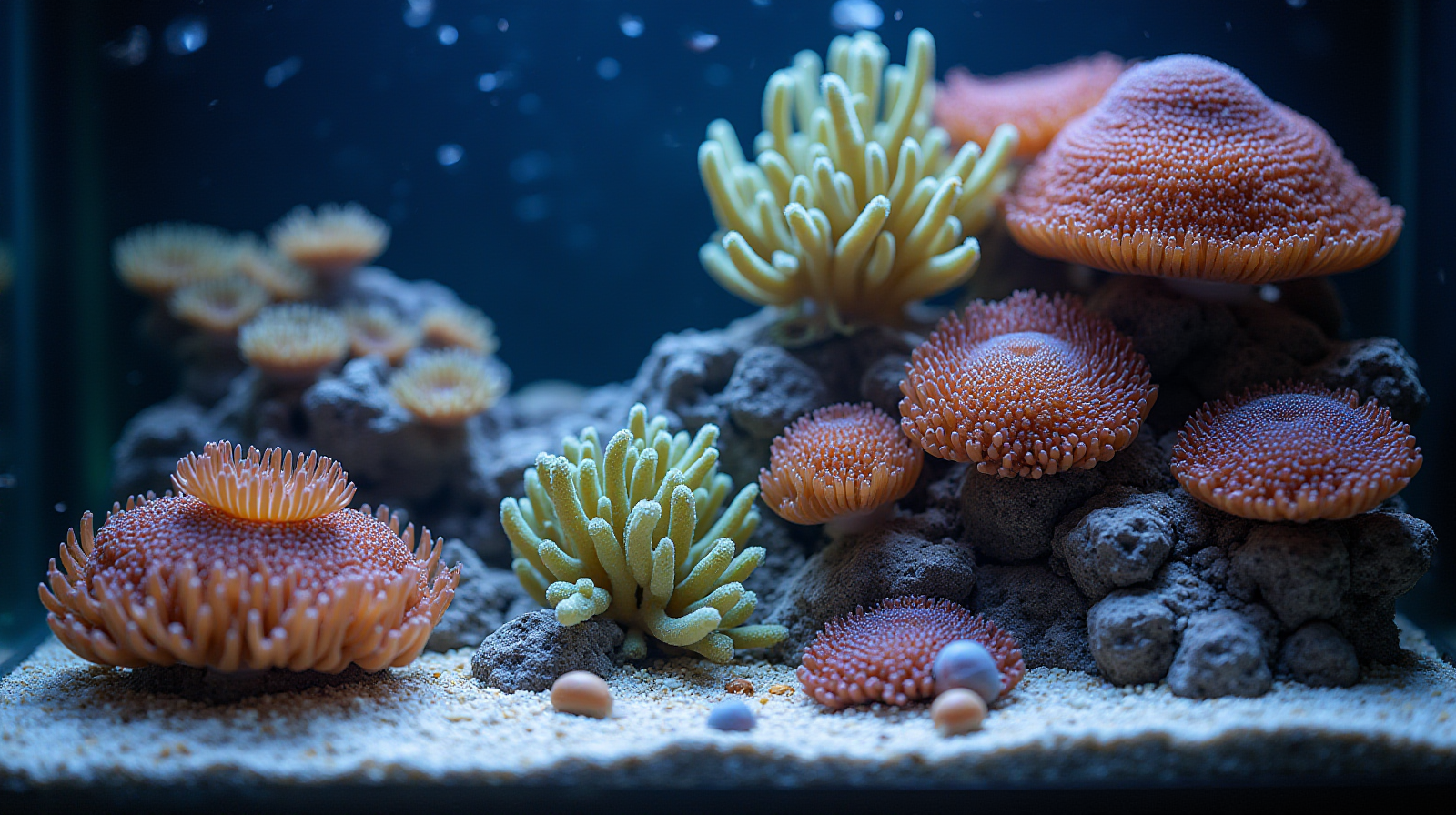 A wide establishing shot showing an entire corner of a reef tank with established LPS corals and some grazing snails visible across the structure.