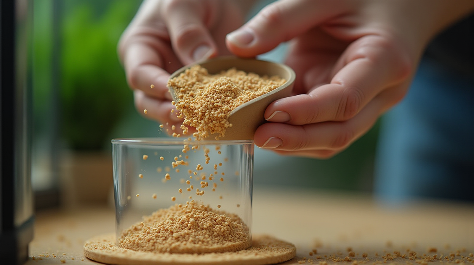 A close-up view of specialized, soft substrate sand being carefully sifted or added by hand into a small holding container near an aquarium setup.