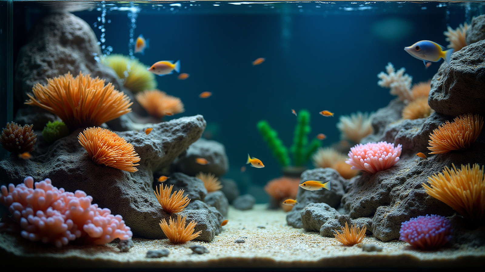 A medium-sized, well-planted saltwater tank featuring diverse rockwork and several small, colorful juvenile fish swimming near the foreground corals in sharp focus.