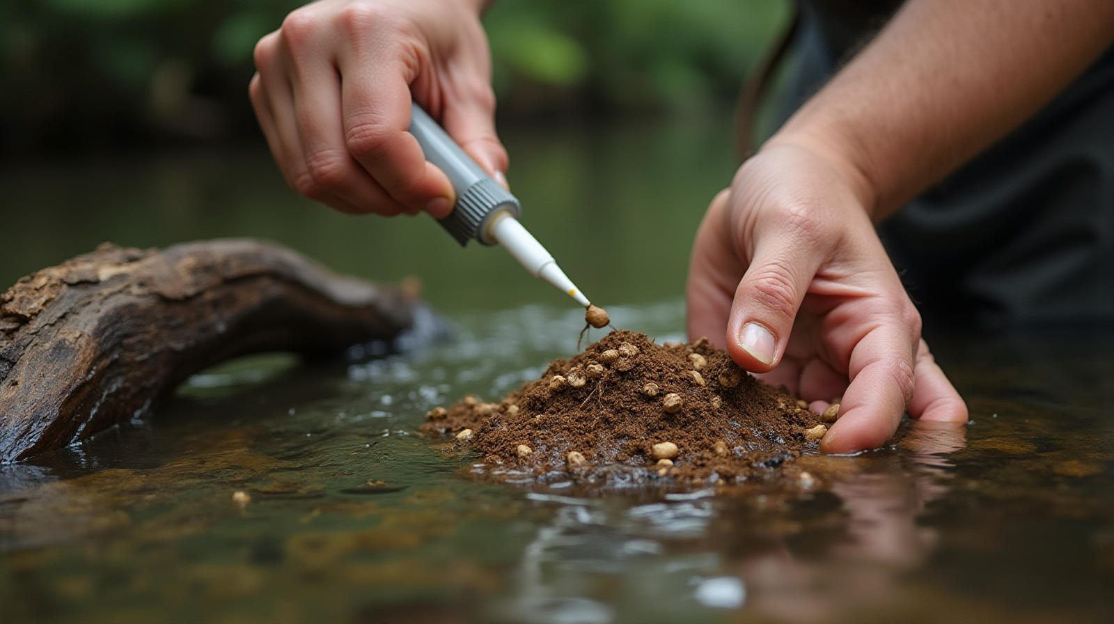 A pair of hands carefully using a pipette or turkey baster to add root tabs near some visible driftwood in an established freshwater section.