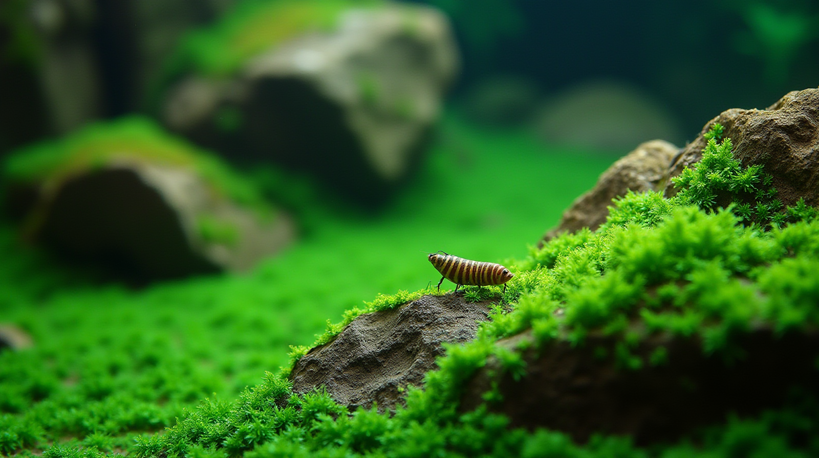 A close-up shot focusing on vibrant green macroalgae growing thickly over the rockwork in one corner of a mixed tank, with small invertebrates crawling across it.