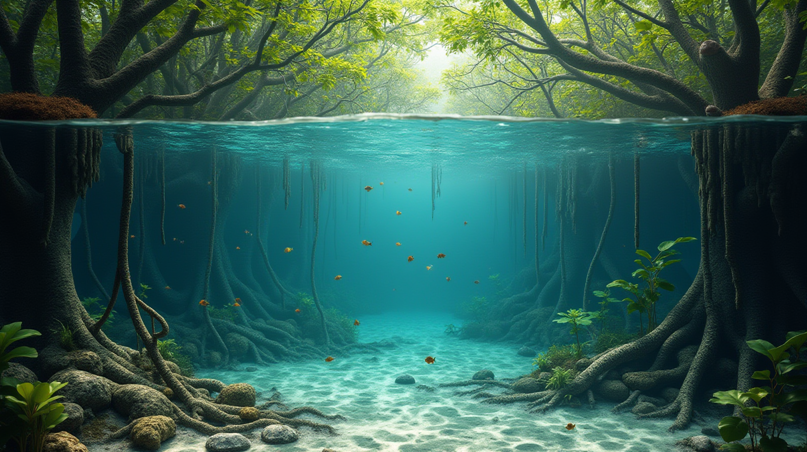 A wide establishing shot of a large, established paludarium featuring visible mangrove roots hanging into both fresh and salt looking water zones with several small, colorful reef fish swimming naturally near the waterline.