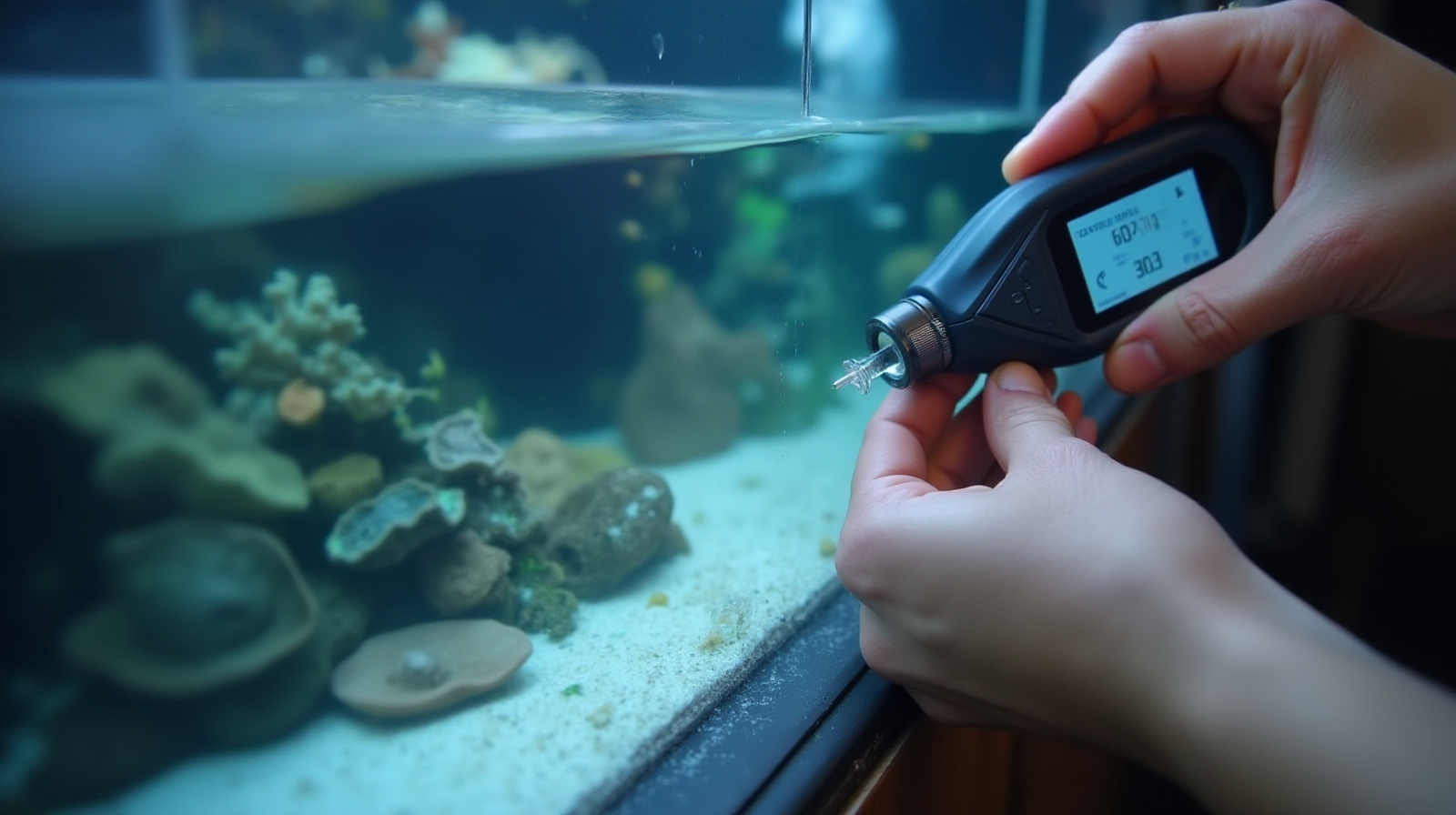Hands using an API test kit to carefully sample water from the corner of a saltwater display tank.