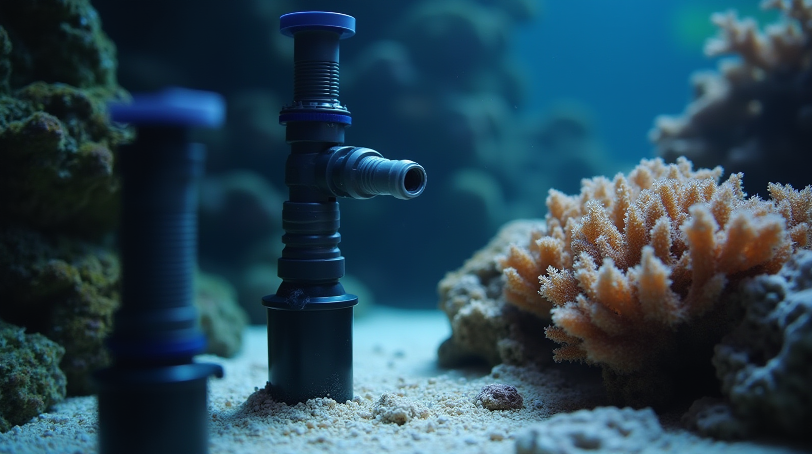 A close-up shot focusing on adjustable intake plumbing or powerheads mounted near rockwork in an established reef aquarium.