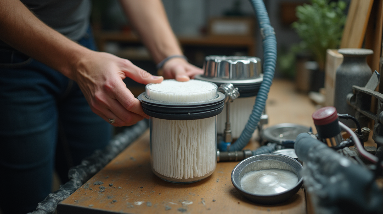 A hobbyist's hands placing a filter floss cartridge into the pre-filter section of a sump system next to a workbench.