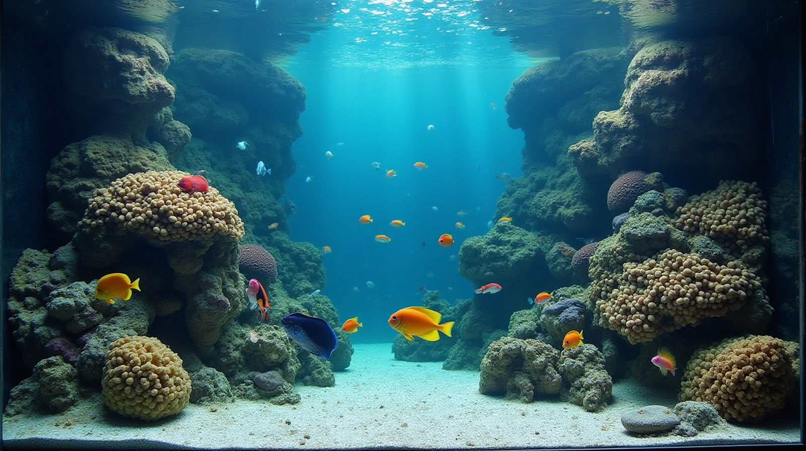 A wide establishing shot of a medium-sized, healthy reef aquarium showing complex rockwork and various brightly colored fish swimming naturally through it.
