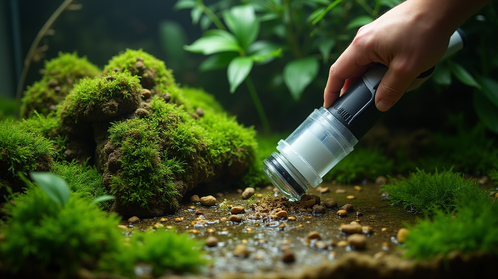 An overhead shot showing a small flow-through filter being used to clean detritus from the substrate near moss mounts in an established tank.