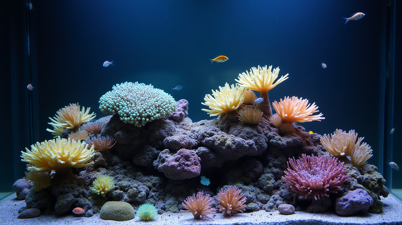 A mid-sized reef tank showing several vibrant, healthy LPS corals growing among some dark rockwork with a few small cleaner wrasse swimming nearby.
