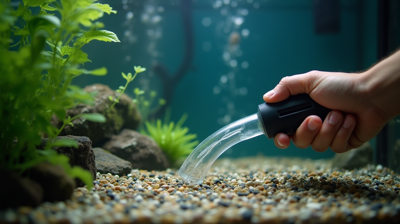 Hands gently using a siphon/gravel vacuum attachment to clean detritus from the substrate in an established saltwater tank.