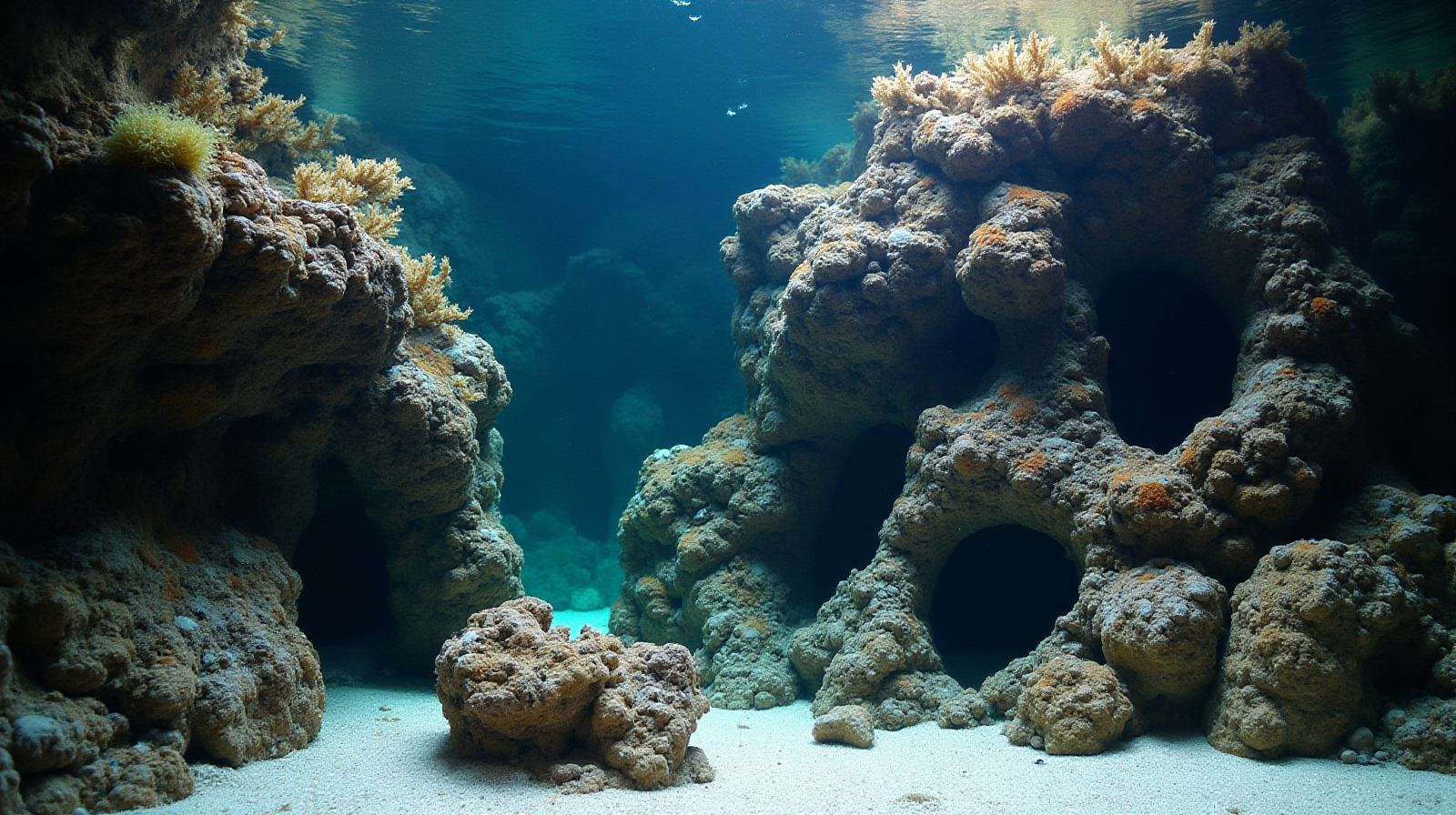 A close-up shot of healthy, robust live rock structure providing varied nooks and crannies within a reef aquarium setting.