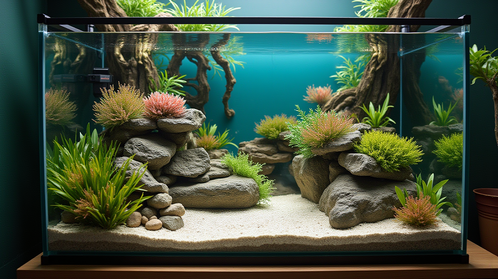 A wide establishing view of an entire small office or backyard saltwater tank setup showcasing balanced hardscape and diverse life.