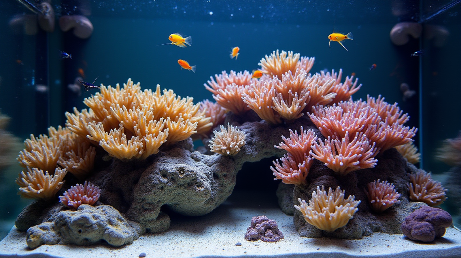 A medium-sized saltwater aquarium featuring vibrant hard corals, several small, colorful fish swimming near the structure, and one or two identifiable pistol shrimp darting between pieces of rockwork.