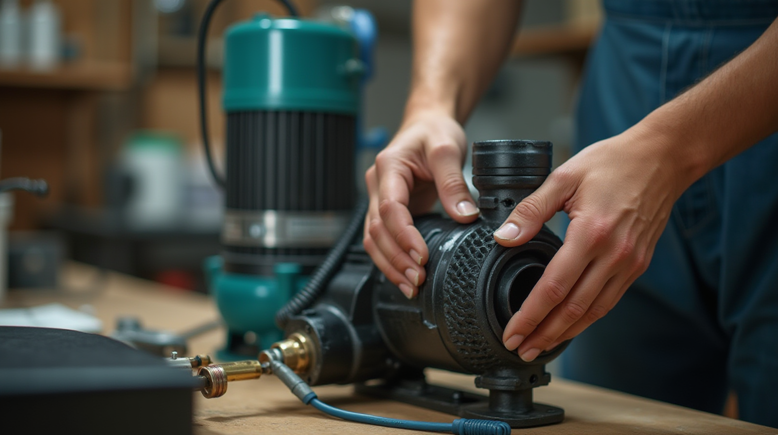 A pair of hands carefully adjusting or connecting submersible pumps to an external power source in a workshop setting.