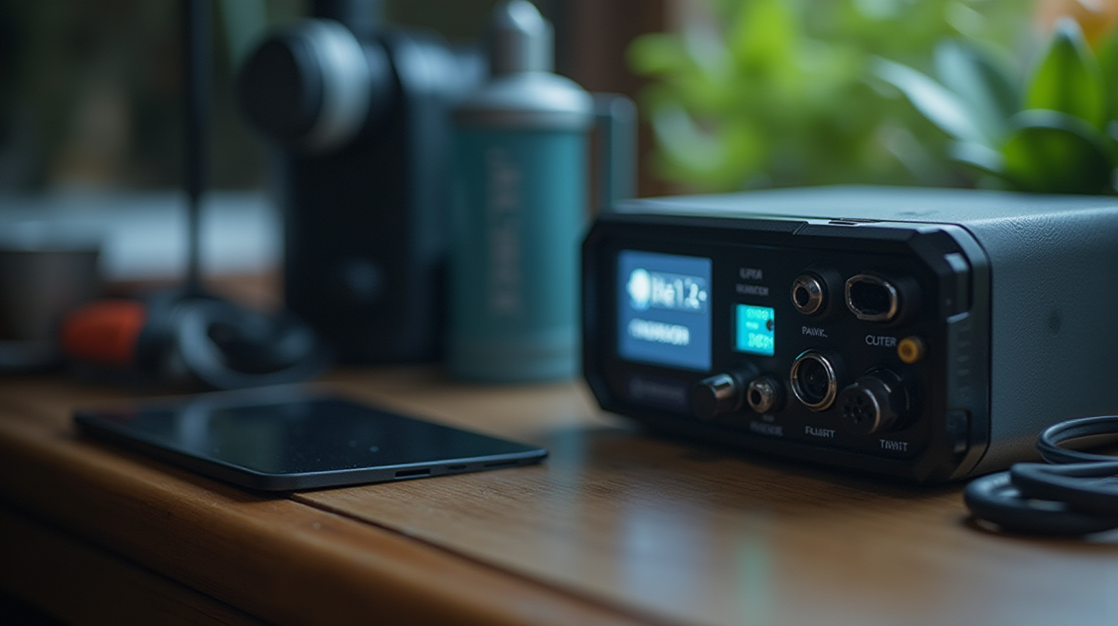 A close-up shot focusing on the digital display screen and ports of a portable LiFePO4 power station unit sitting next to some aquarium equipment.