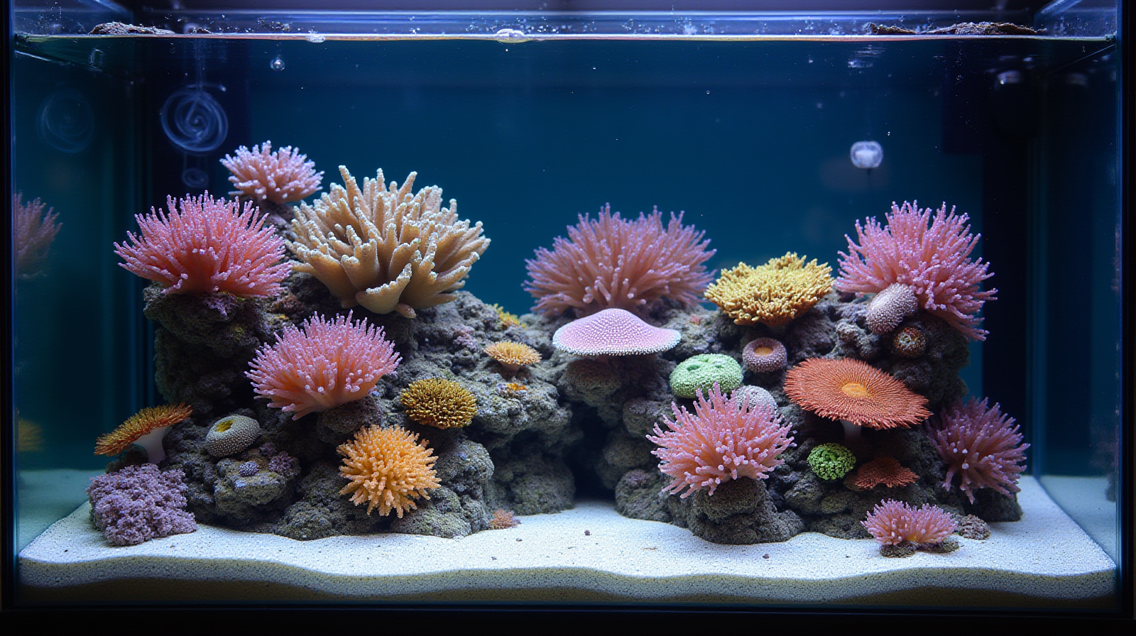 A medium-wide shot of a healthy, established mixed coral and LPS saltwater tank viewed from across the room, showing good water movement near the substrate.