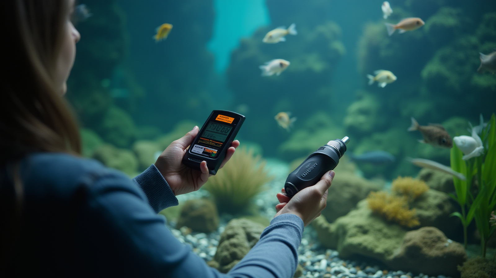Hands using a reliable digital test kit to check water parameters near the edge of a large aquarium.