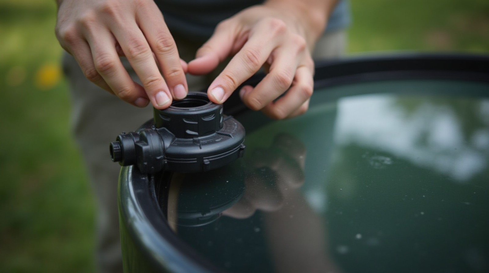 A close-up shot showing someone gently adjusting an external return pump connection or plumbing piece in front of a tank.