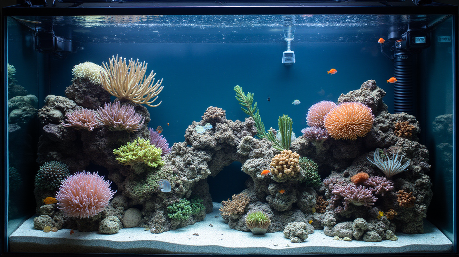 A wide establishing shot of a mature, well-planted saltwater reef tank showing varied life and equipment integration.