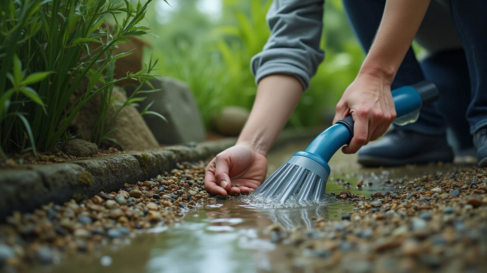 Hands carefully using an aquarium siphon or gravel vacuum cleaner near the substrate.