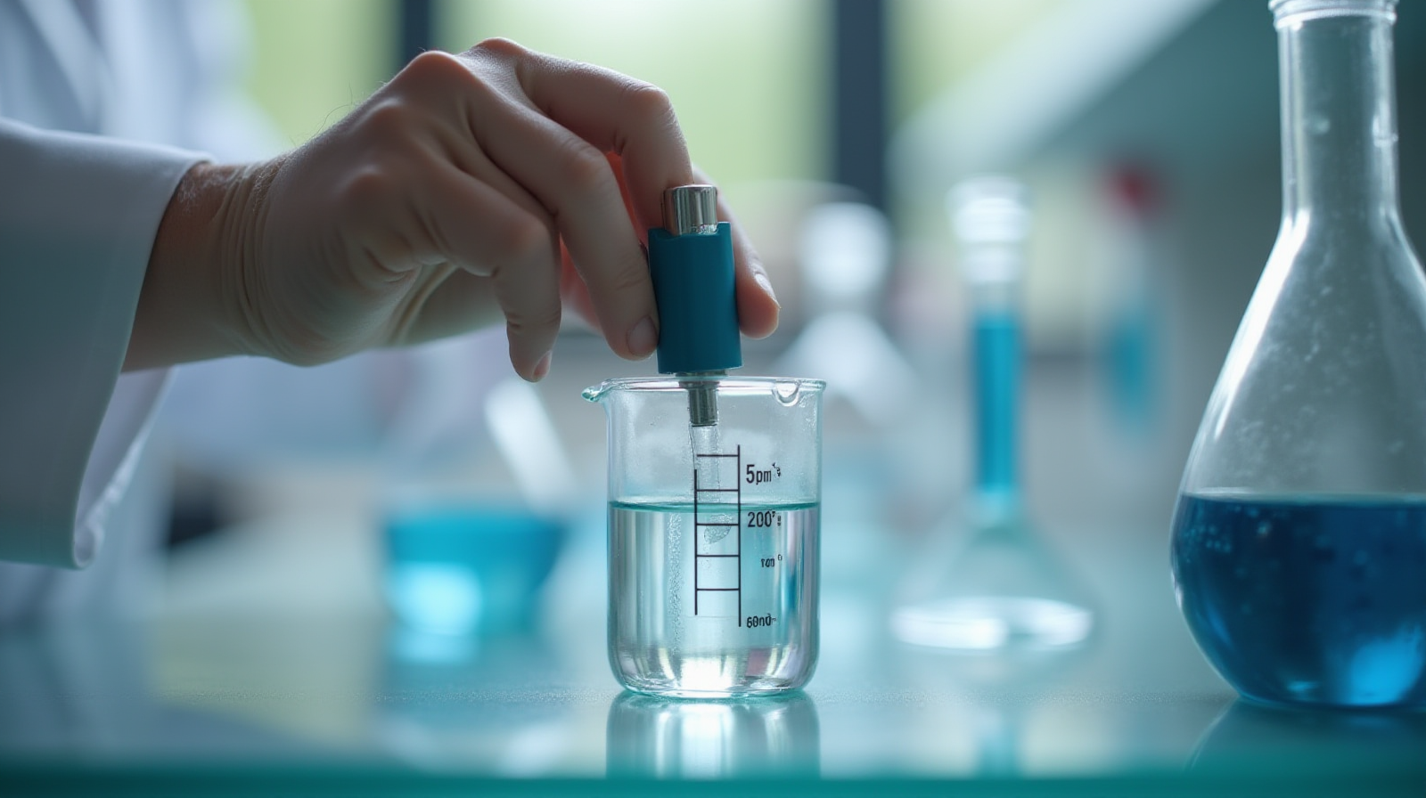 A close-up shot of a salinity refractometer being used by hand over water in a test beaker.