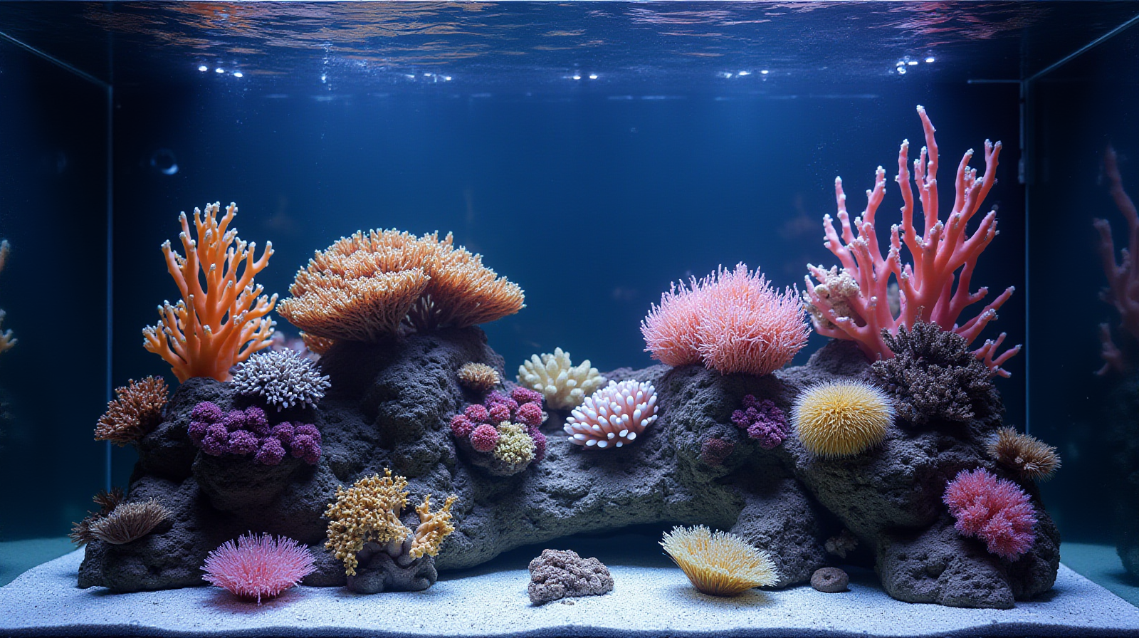 A wide establishing shot of a mature saltwater reef tank showing vibrant corals under good lighting.