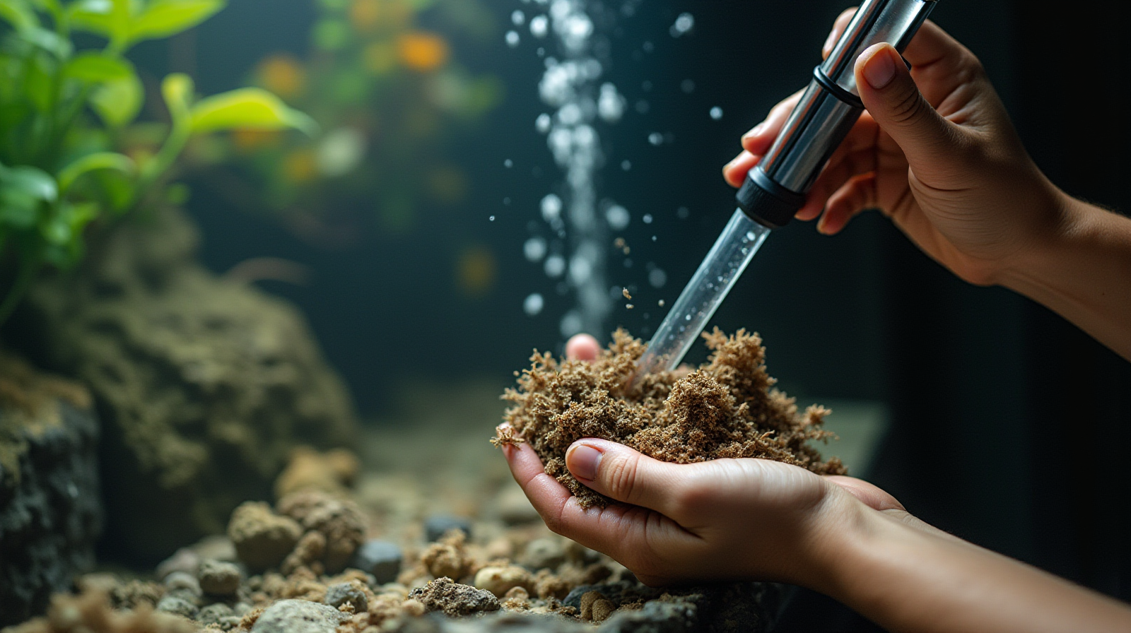 Close up on hands using an aquarium siphon to clean detritus from under a rock structure.