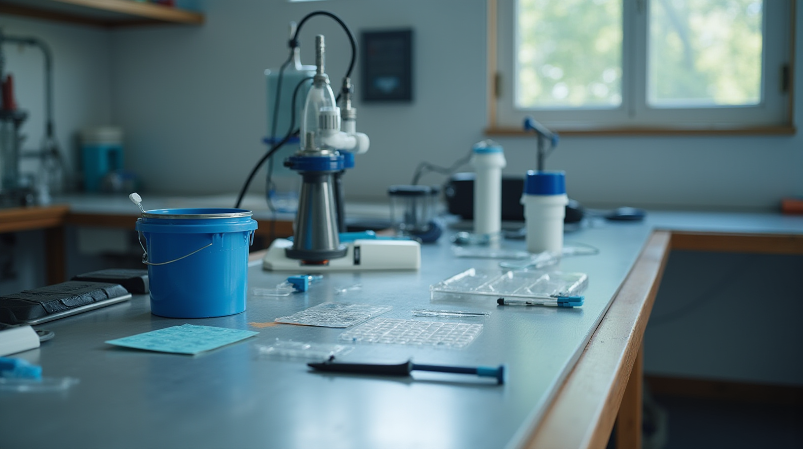A focused shot of various water testing equipment (e.g., refractometer, test strips) laid out neatly on a workbench next to a tank partial drain bucket.