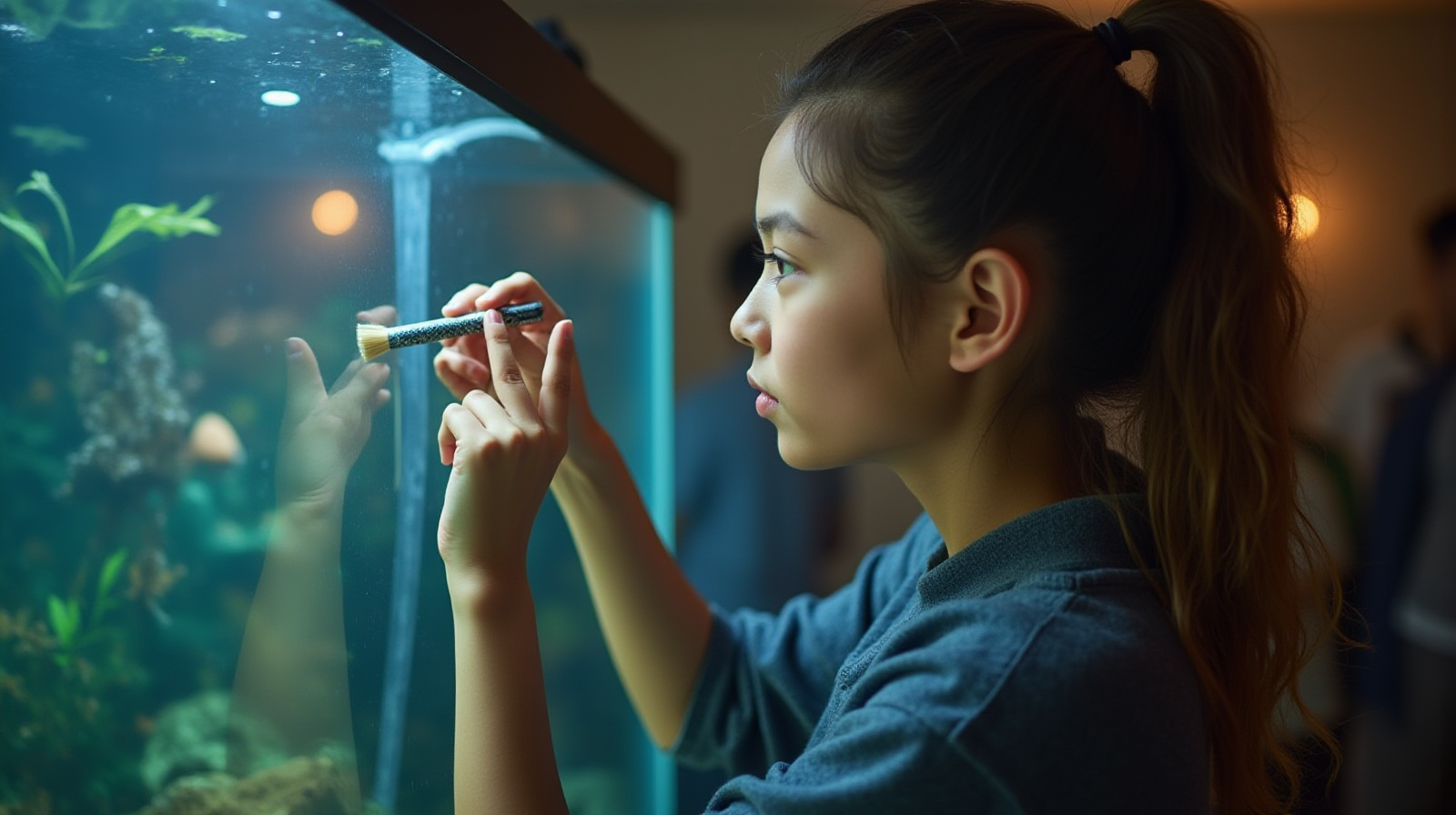 A person standing in front of their aquarium setup looking thoughtfully into the tank at eye level while cleaning an intake tube with a small brush.