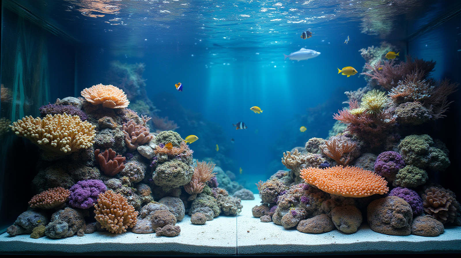 A wide establishing shot of a medium-sized, well-established reef tank with diverse coral life and several small tangs swimming naturally in the mid-ground.