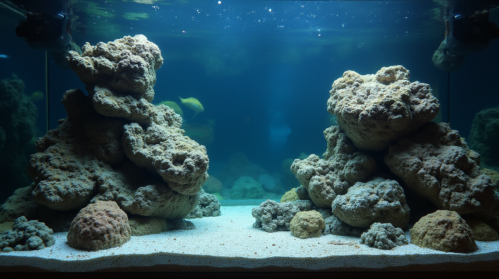A wide establishing view of a partially set-up reef tank featuring large pieces of live rock and visible empty space around them for burrowing action.