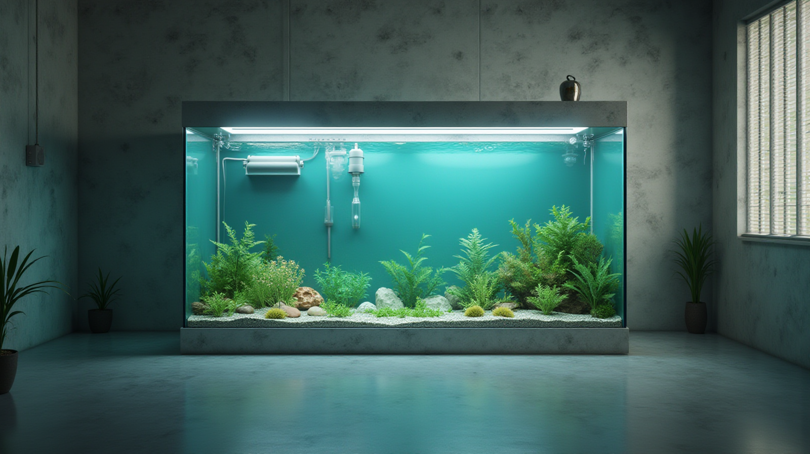 A wide establishing shot showing a simple quarantine tank setup with its filtration visible but unobtrusive in the background.