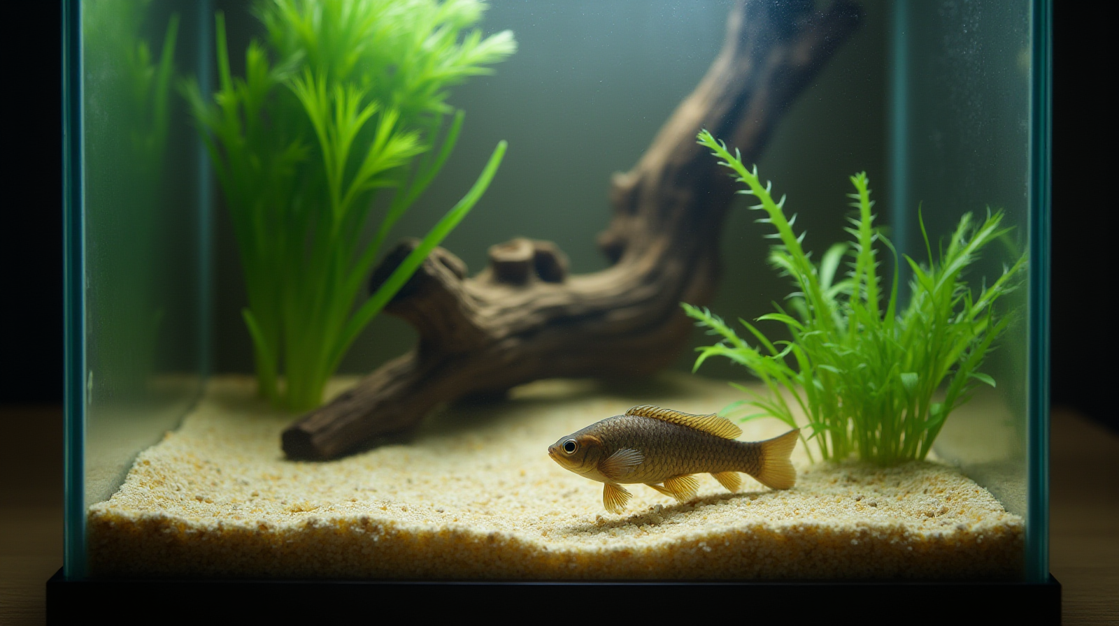 A clear, medium-sized freshwater aquarium containing only simple substrate and some hardy driftwood, with a single small pleco visible grazing near the front glass in sharp focus.