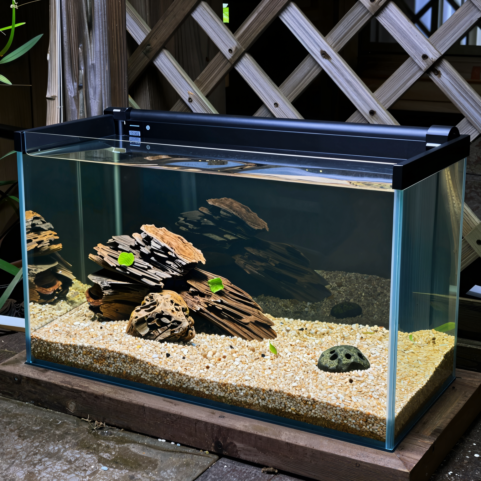 A partially filled backyard pond showing fresh gravel substrate and some submerged natural rocks, viewed from a ground-level perspective near an old wooden trellis.